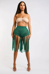 Get Party-Ready with These Fringed Mesh Sexy Shorts GREEN - Femstylo