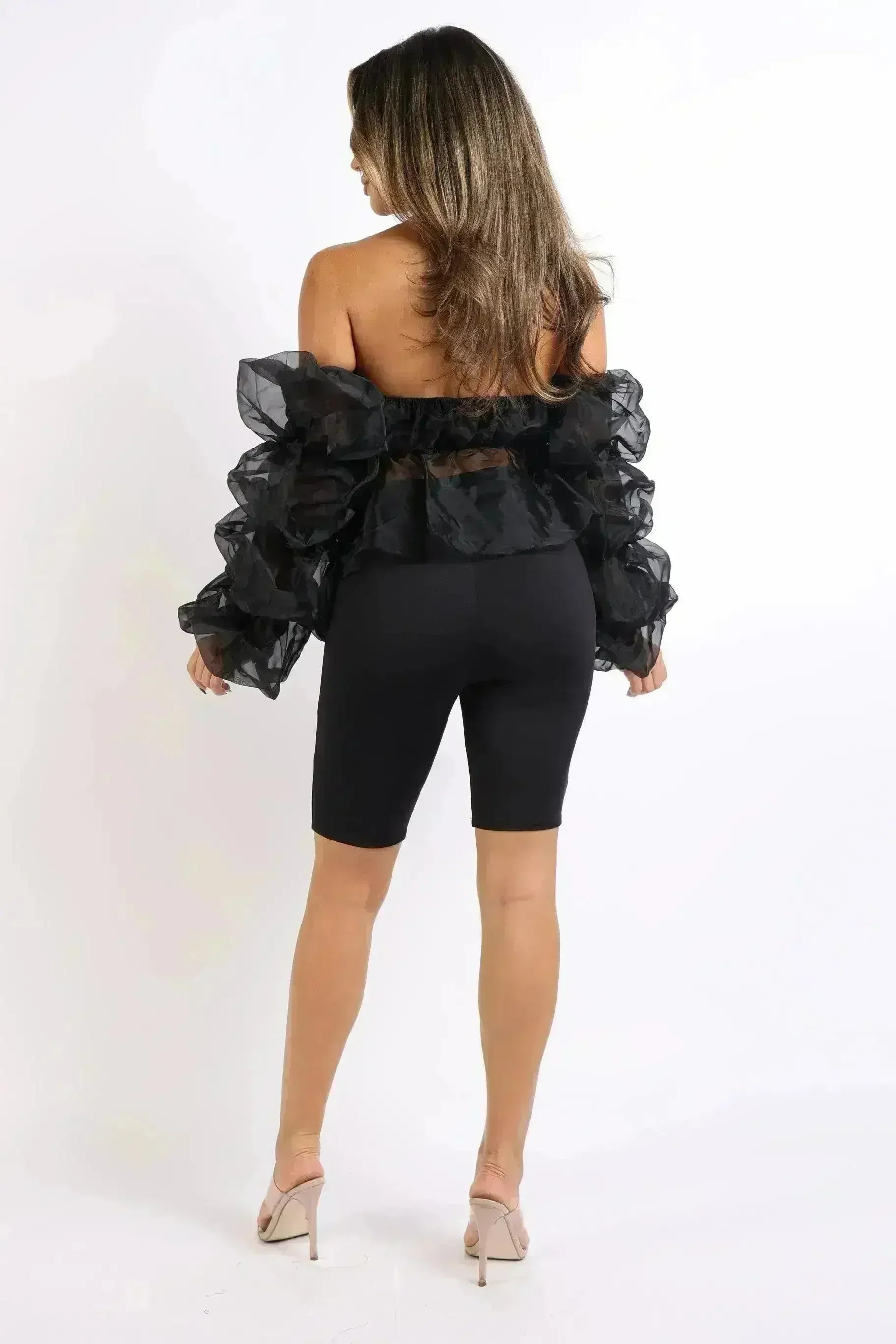 Sexy Organza Sleeve Detailed Top & Matching Shorts 2 Piece Set Black - Femstylo