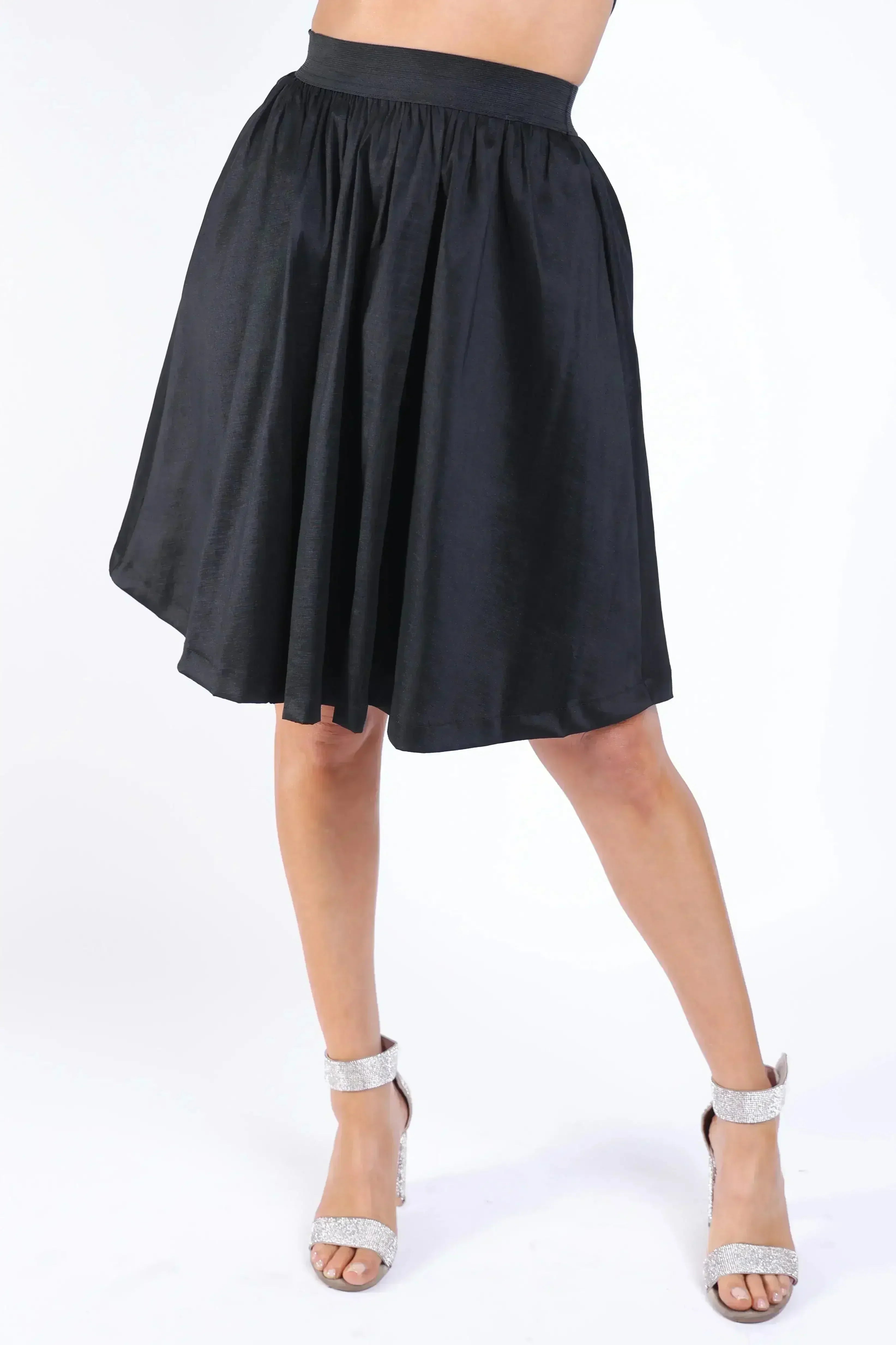 Casual Elastic High Waist Pleated Midi Flare Black Skirt - Femstylo