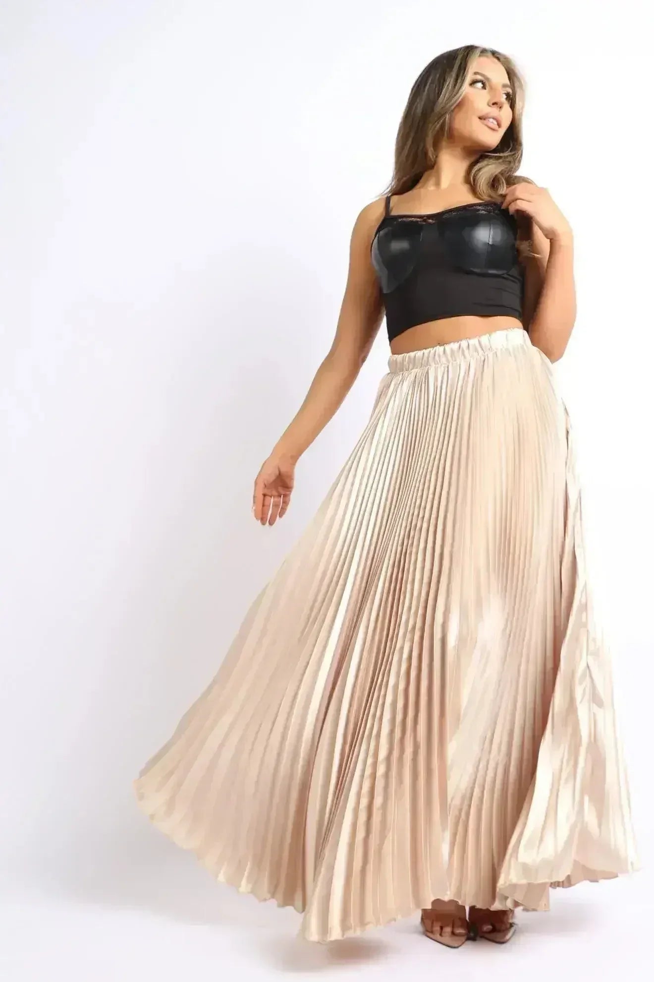 Elastic High Waist A-Line Pleated Satin Maxi Skirt Formal Prom TAUPE - Femstylo