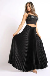 Elastic High Waist A-Line Pleated Satin Maxi Skirt Formal Prom BLACK - Femstylo