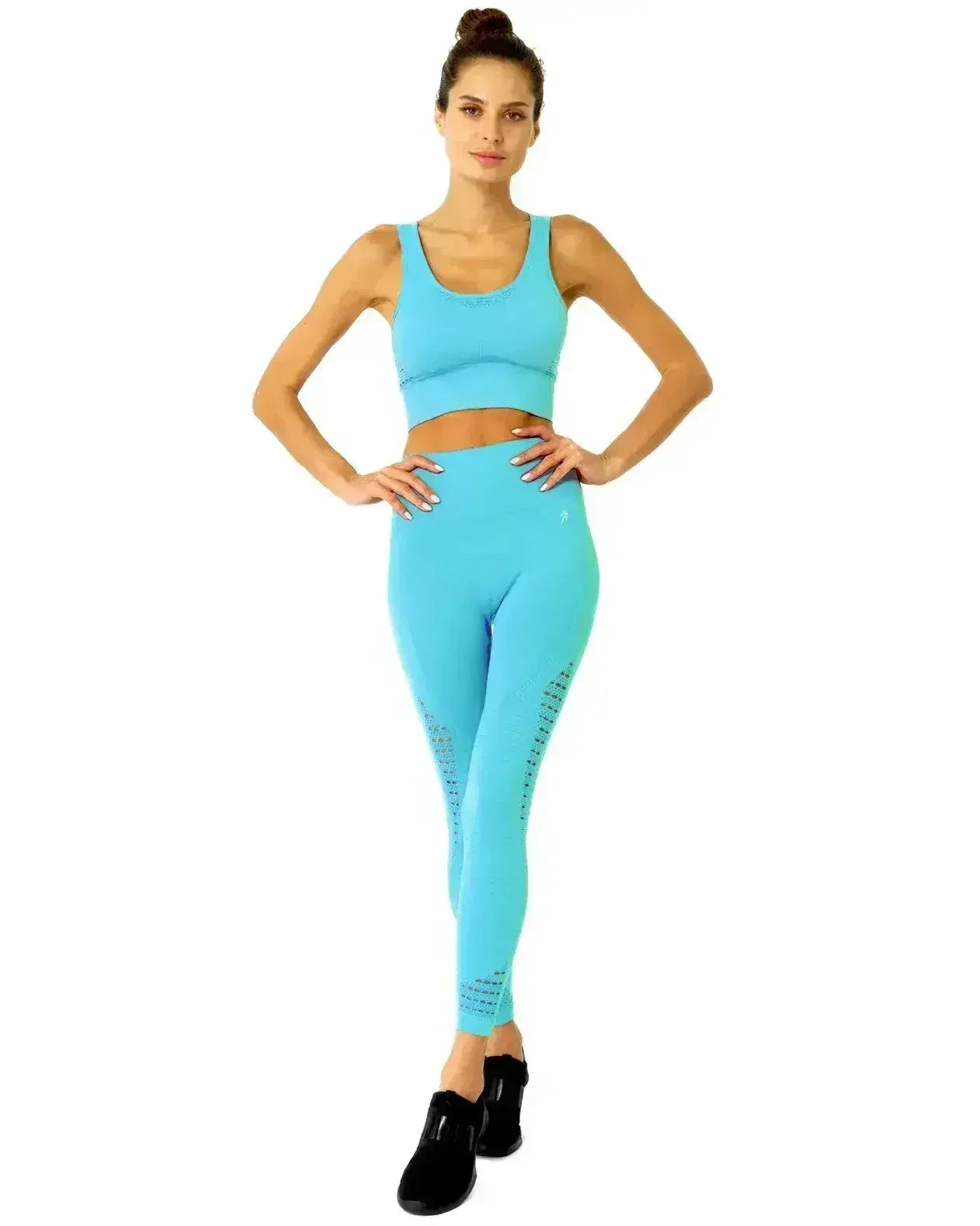 Mesh Seamless Legging with Ribbing Detail - Aqua - Femstylo