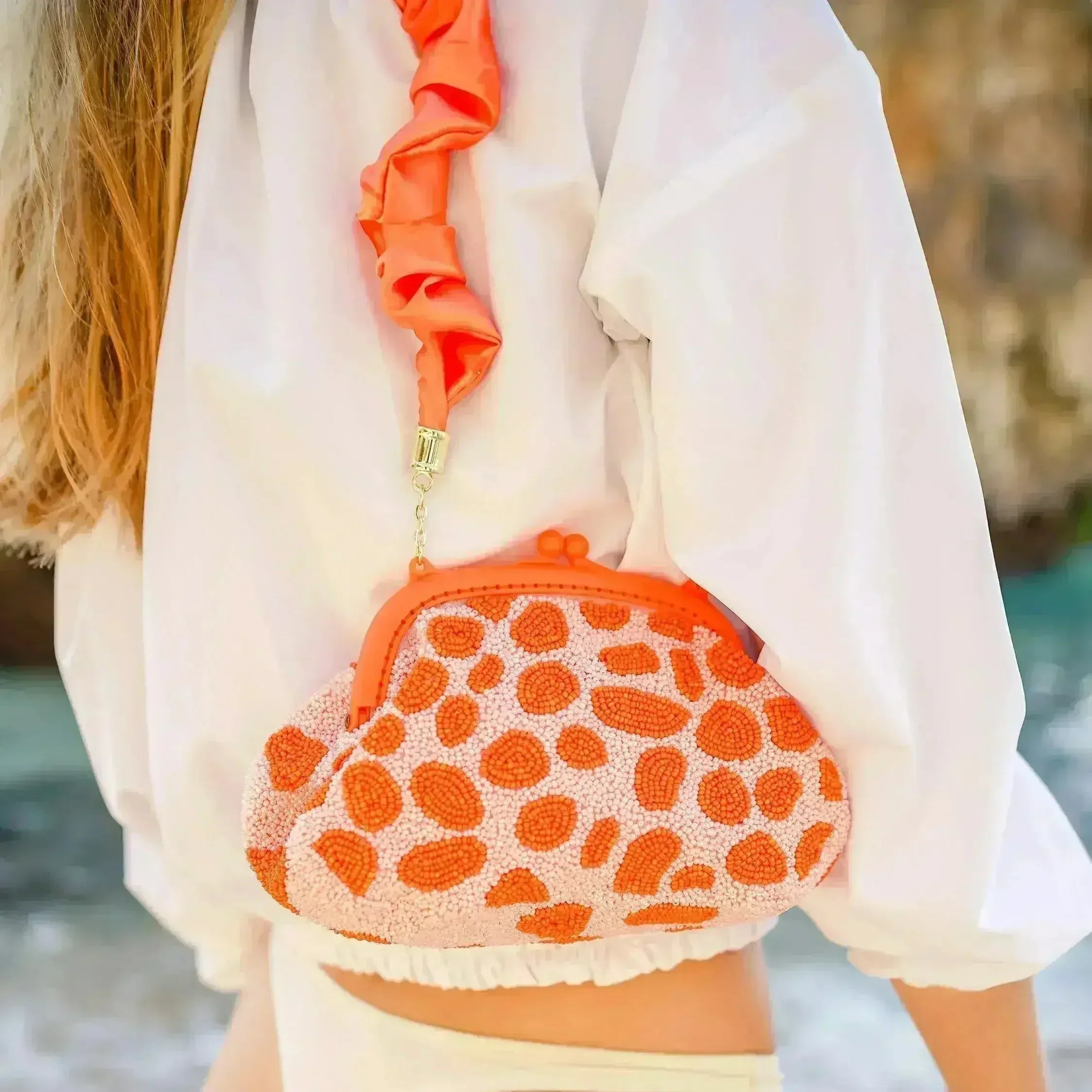 ARNOLDI PEACHPUFF Hand-beaded Clutch, in Papaya & Peach (Pre-order) - Femstylo