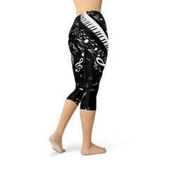 Womens Piano Notes Black Capri Leggings - Femstylo