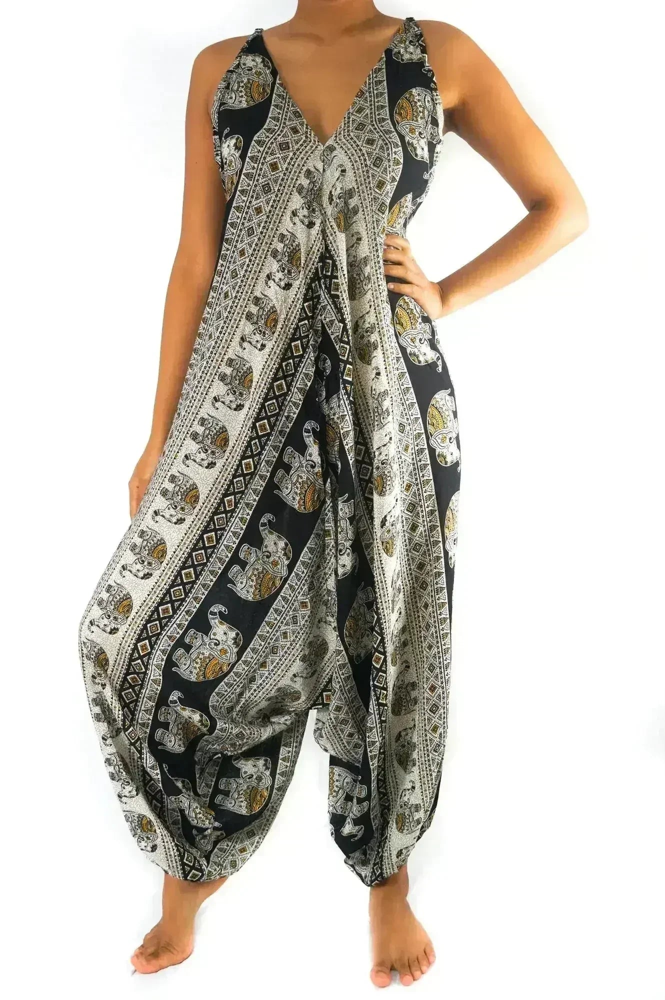 Black Elephant Boho Hippie Jumpsuit Rompers - Femstylo