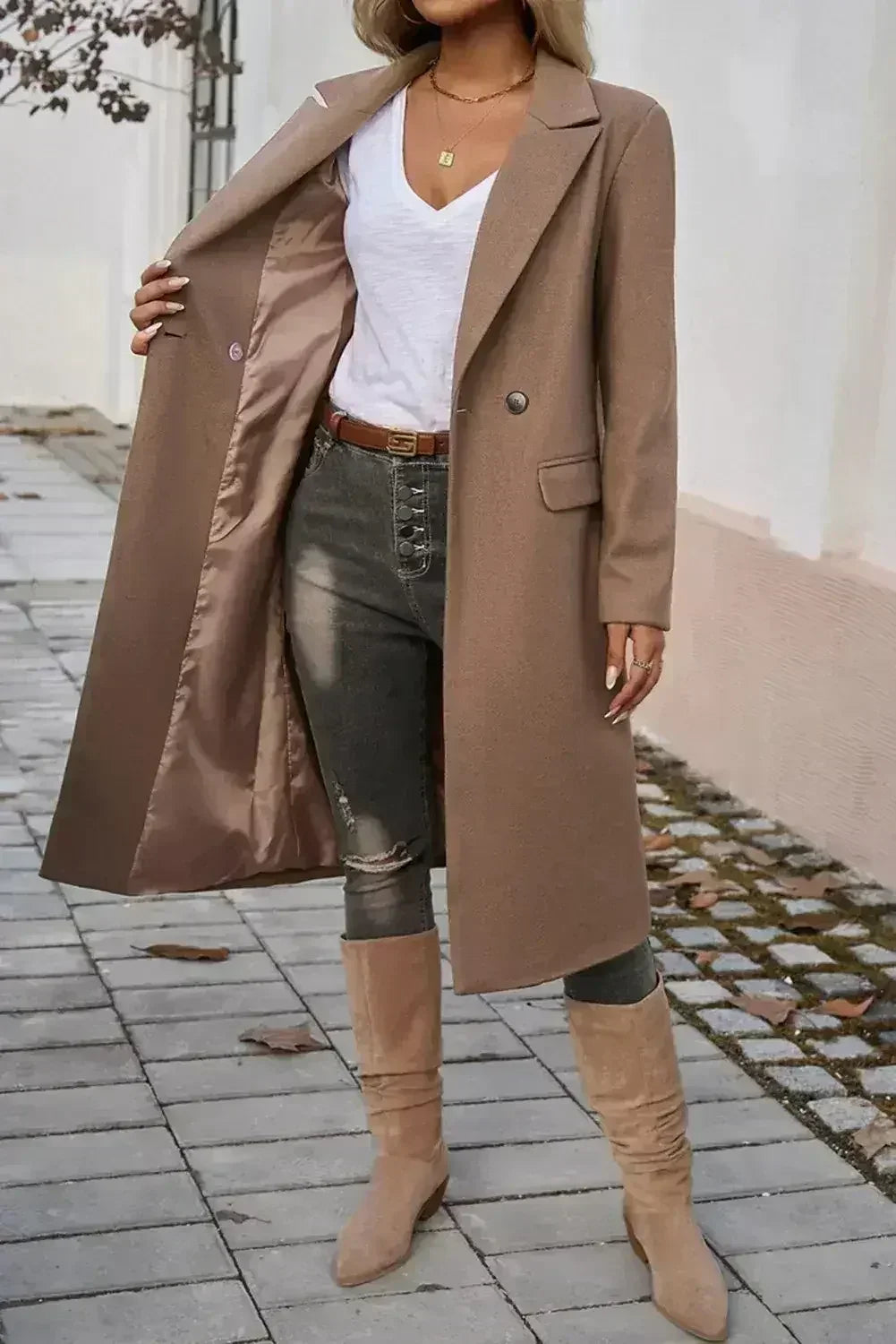 Dark Khaki Single Breasted Lapel Collar Flap Pocketed Overcoat - Femstylo