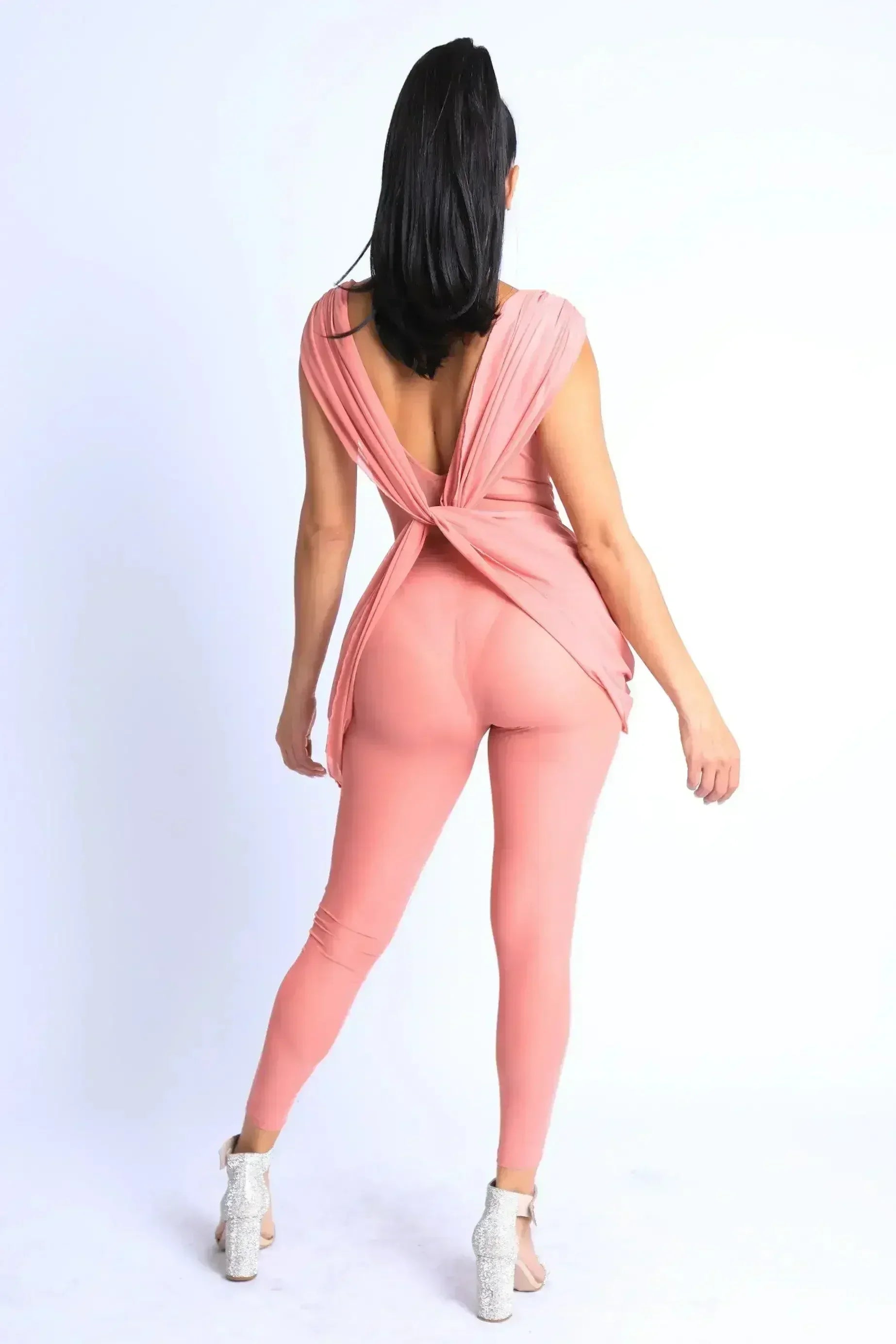 Sexy Sleeveless Lightweight Draped Mesh Jumpsuit Party Clubwear MAUVE - Femstylo