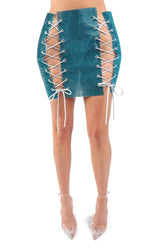 Full Rhinestones 4 Sides Lace Up Party Rave Club Mini Skirt TEAL - Femstylo