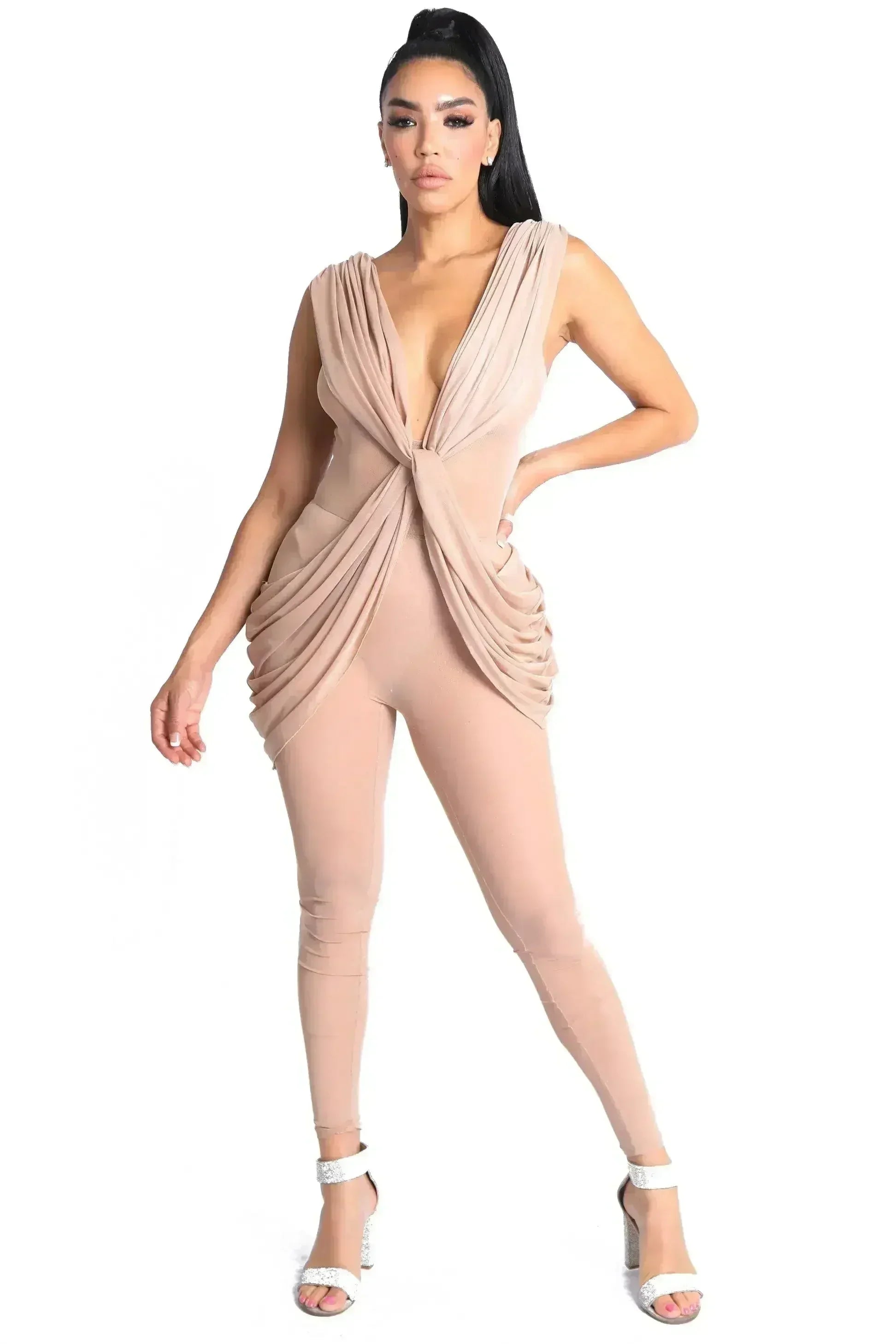 Sexy Sleeveless Lightweight Draped Mesh Jumpsuit Party Clubwear NUDE - Femstylo