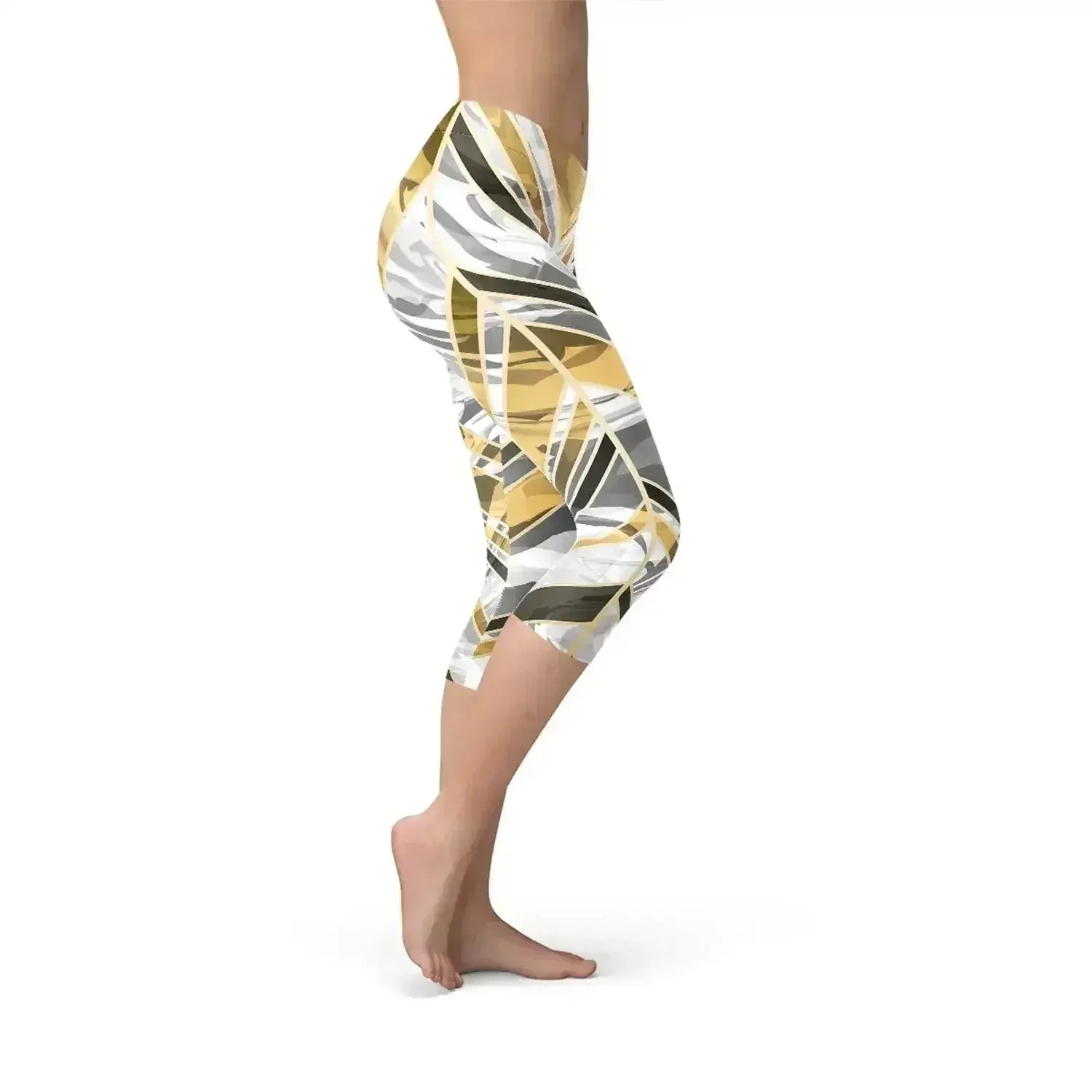 White Marble w/ Black Gold Lines Capri Leggings - Femstylo