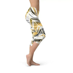 White Marble w/ Black Gold Lines Capri Leggings - Femstylo