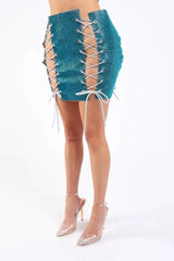 Full Rhinestones 4 Sides Lace Up Party Rave Club Mini Skirt TEAL - Femstylo