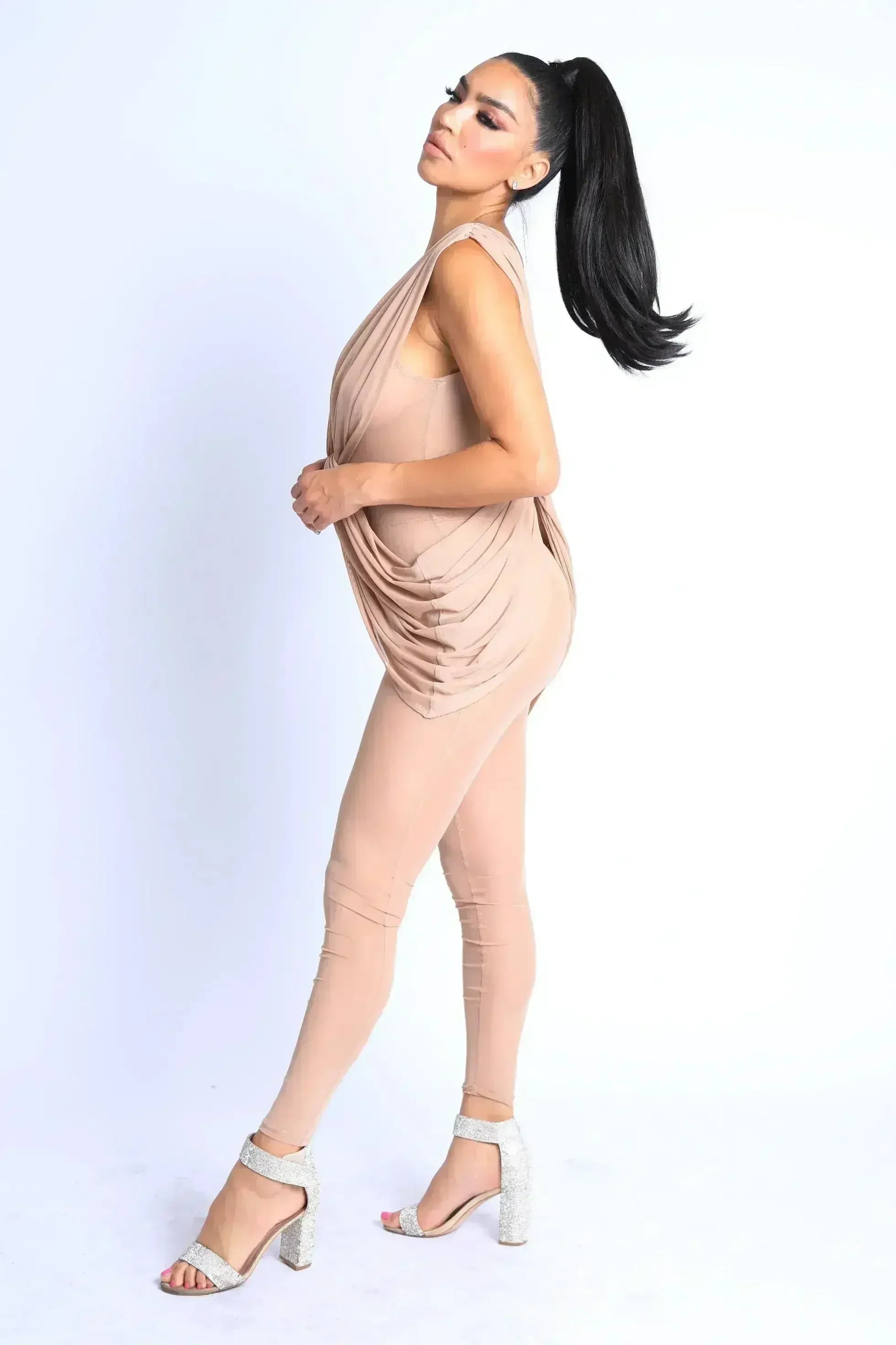 Sexy Sleeveless Lightweight Draped Mesh Jumpsuit Party Clubwear NUDE - Femstylo