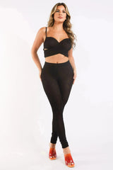 Mesh Contrast Sets Casual Sports Strappy Sleeve Top & Leggings BLACK - Femstylo