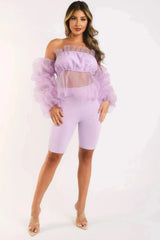 Sexy Organza Sleeve Detailed Top & Matching Shorts 2 Piece Set lavndr - Femstylo
