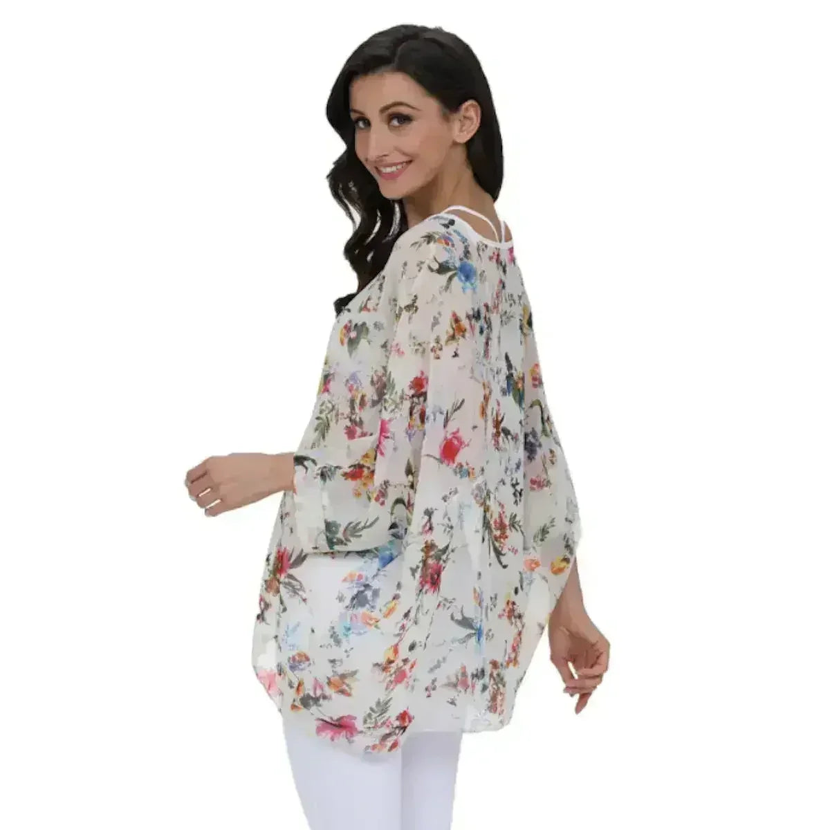 White Floral Chiffon Tunic Top - Summer Cover-Up | Femstylo - Femstylo