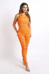 Track Zipper Ruched Jumpsuit Ruffle Dress Bodycon Jumpsuit ORANGE - Femstylo