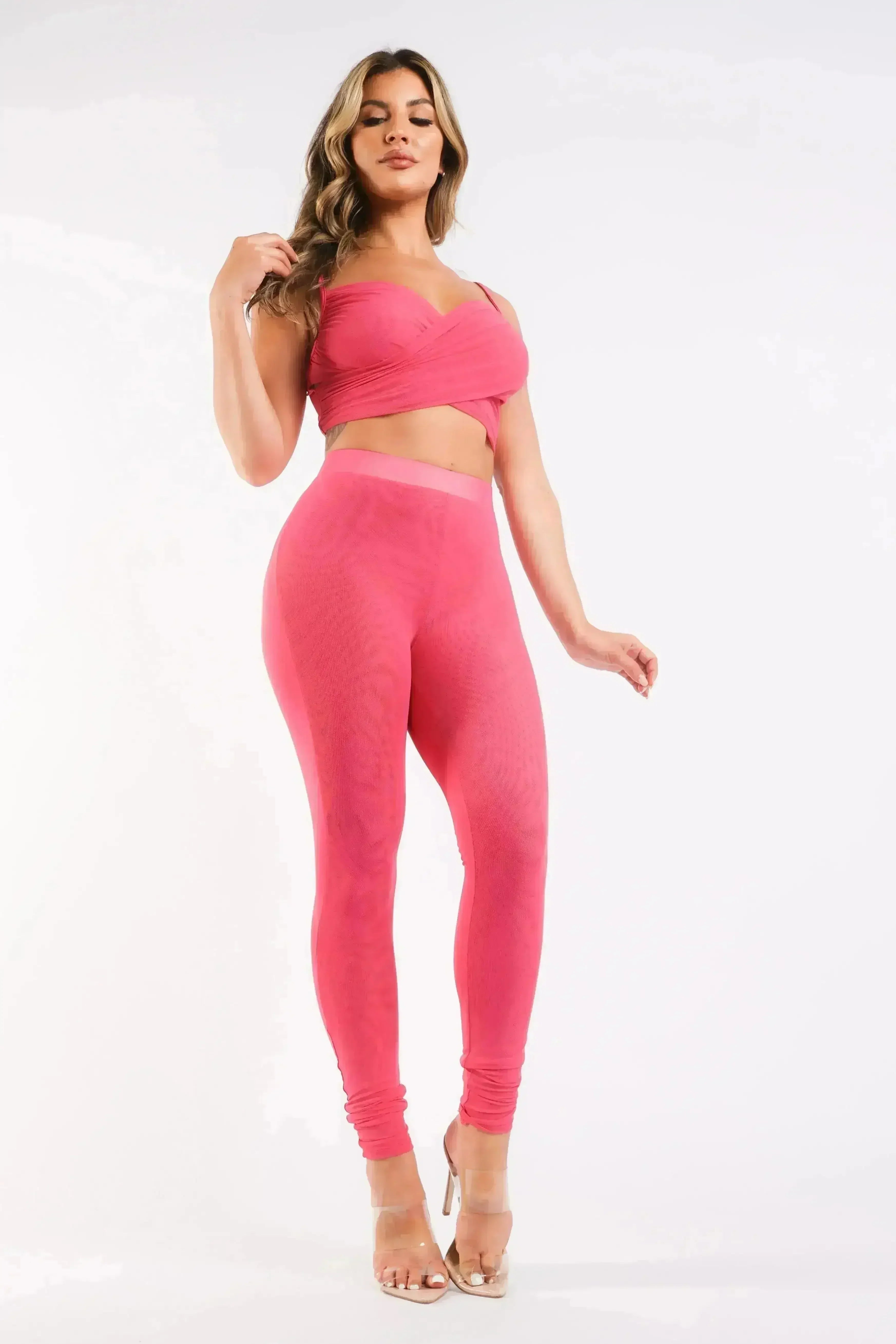 Mesh Contrast Sets Casual Sports Strappy Sleeve Top & Leggings FUCHSIA - Femstylo