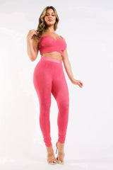 Mesh Contrast Sets Casual Sports Strappy Sleeve Top & Leggings FUCHSIA - Femstylo