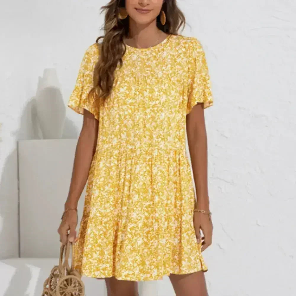 Floral A-Line Dress with Ruffle Sleeves - Spring Cotton Dress - Femstylo