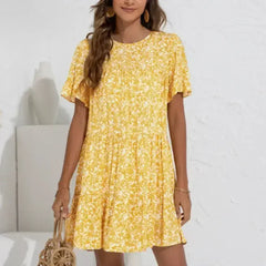 Floral A-Line Dress with Ruffle Sleeves - Spring Cotton Dress - Femstylo