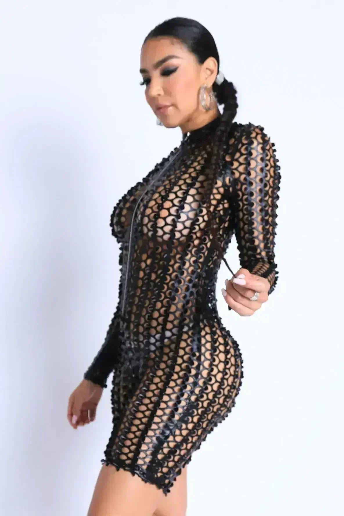 Sexy Club Outfit Romper Long Sleeve Cutting Mesh Bodysuit BLACK - Femstylo