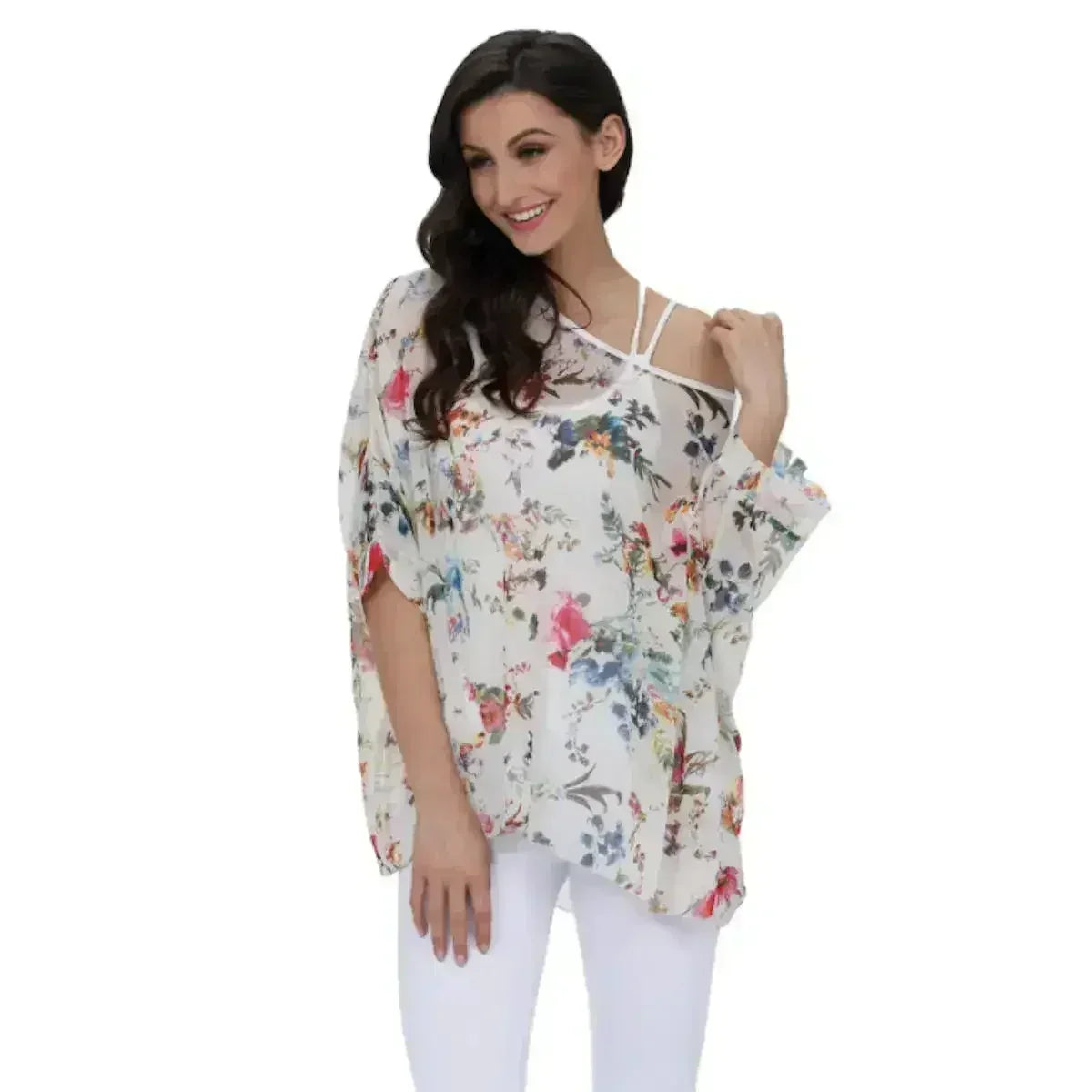 White Floral Chiffon Tunic Top - Summer Cover-Up | Femstylo - Femstylo