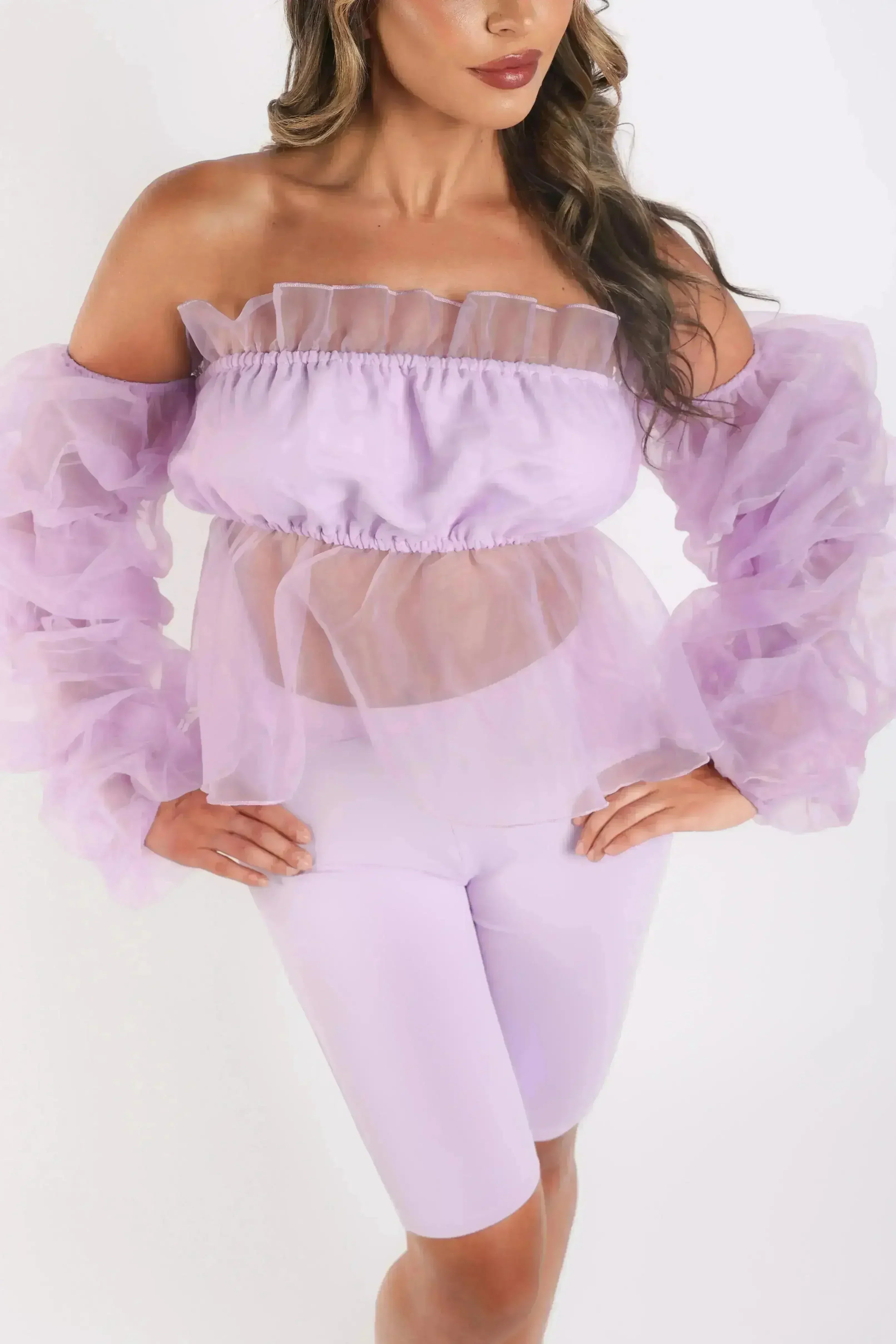 Sexy Organza Sleeve Detailed Top & Matching Shorts 2 Piece Set lavndr - Femstylo