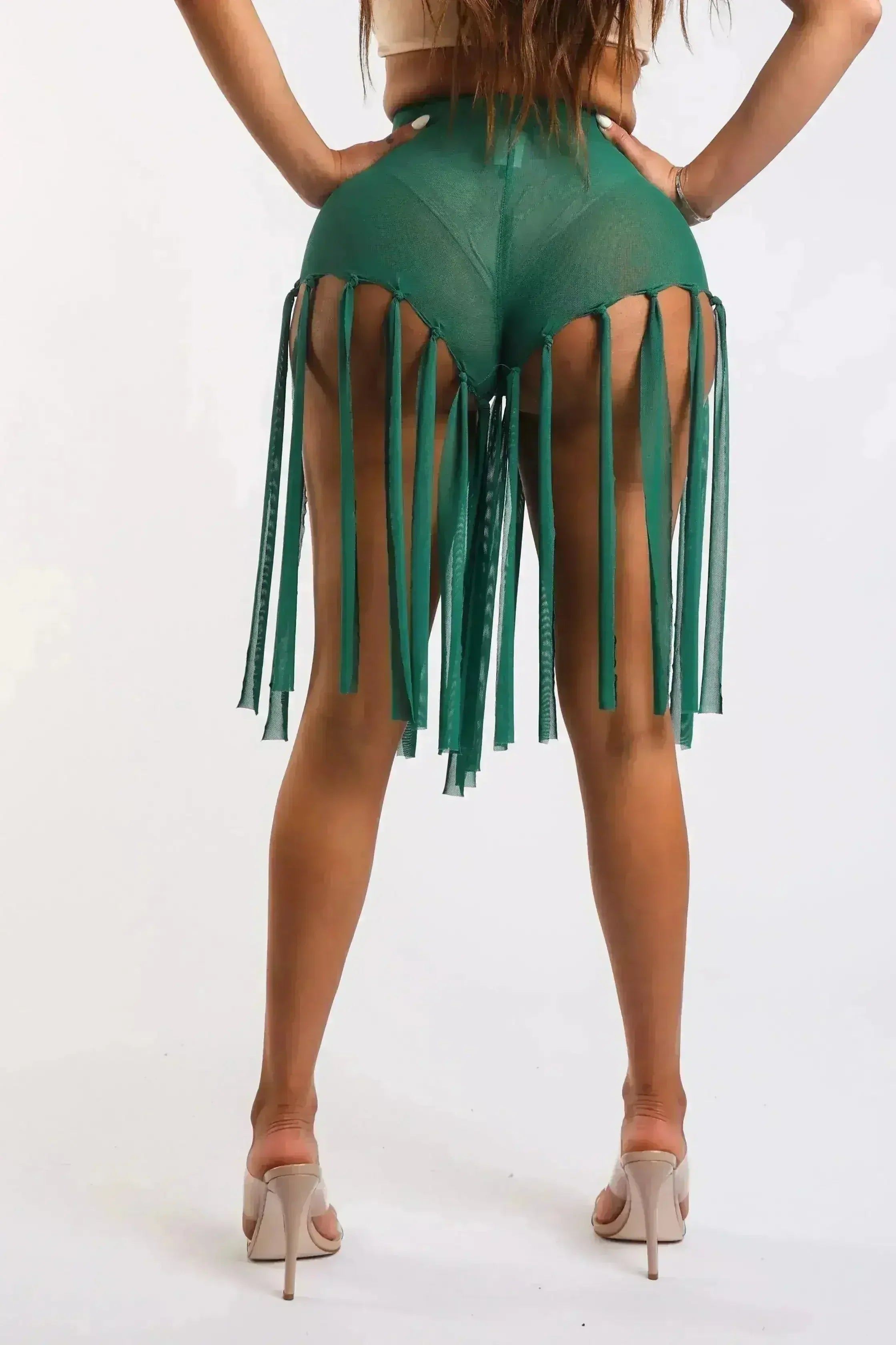 Get Party-Ready with These Fringed Mesh Sexy Shorts GREEN - Femstylo