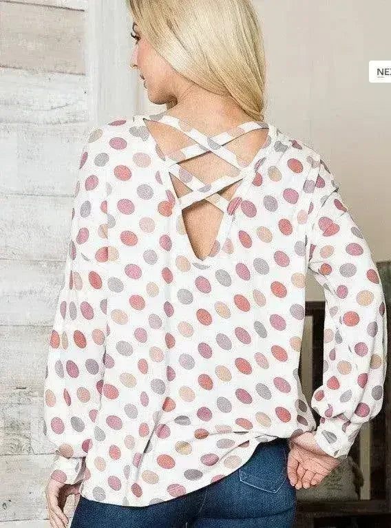 White POlka Dot Knit Criss Cross Top Back - Femstylo