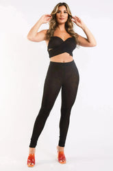 Mesh Contrast Sets Casual Sports Strappy Sleeve Top & Leggings BLACK - Femstylo