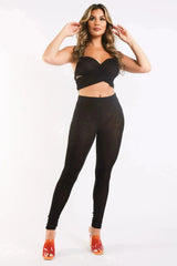 Mesh Contrast Sets Casual Sports Strappy Sleeve Top & Leggings BLACK - Femstylo