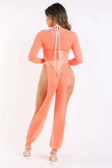 Sexy Mesh Cover Up Jumpsuit Summer Bodycon Beachwear NEON CORAL - Femstylo