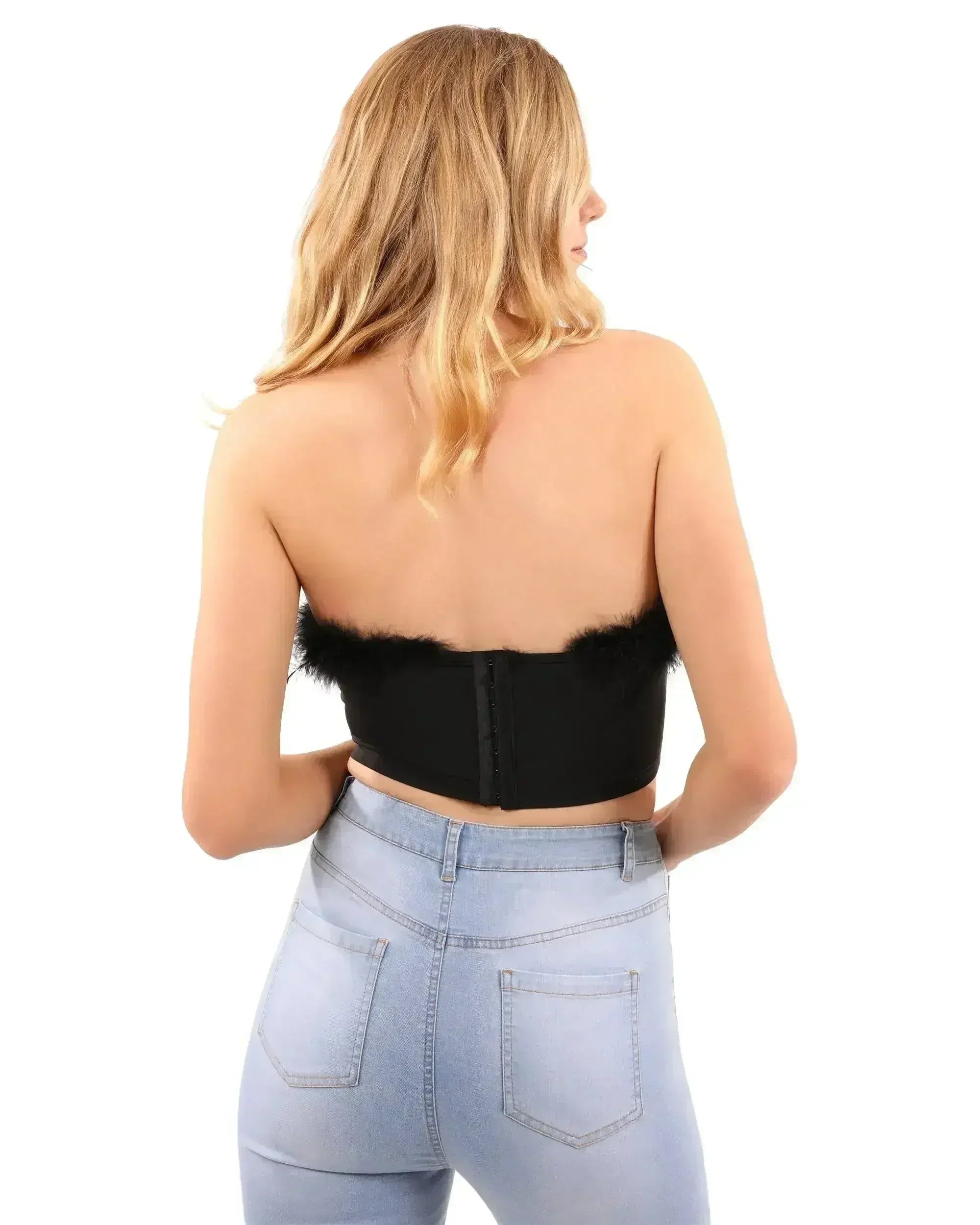 Fur Trim Crop Top | Sexy Black Top | Hook & Eye Back - Femstylo