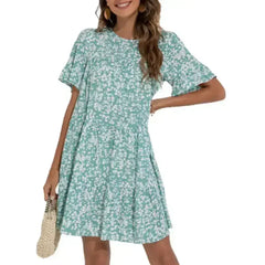 Floral A-Line Dress with Ruffle Sleeves - Spring Cotton Dress - Femstylo