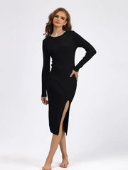 Autumn And Winter Long Sleeve Knitted Backless Round Neck Dress - Femstylo