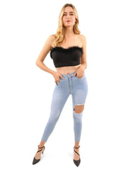 Fur Trim Crop Top | Sexy Black Top | Hook & Eye Back - Femstylo