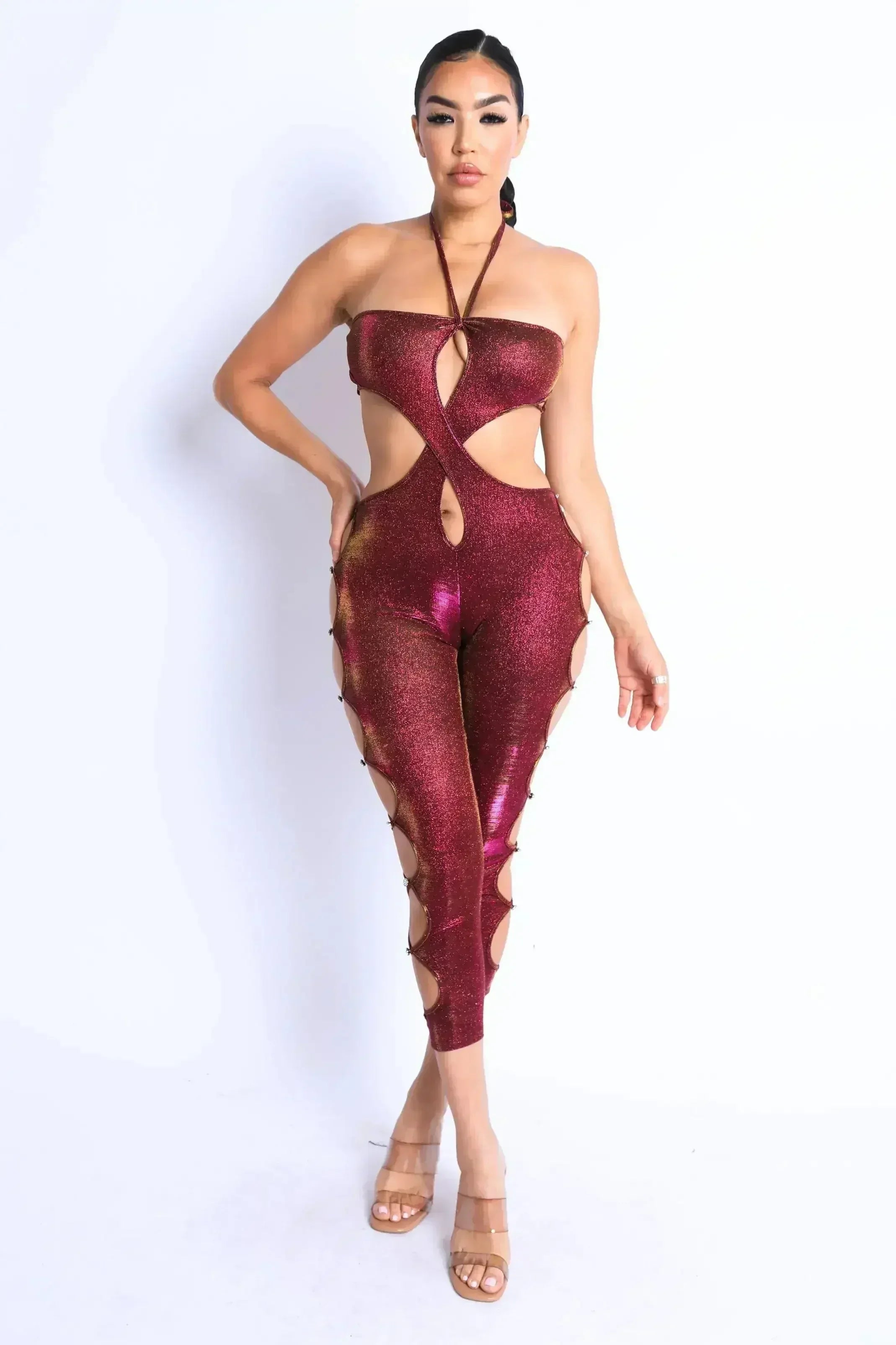 Glittery Cutout Halter Neck Keyhole Sexy Party Jumpsuit FUCHSIA/GOLD - Femstylo