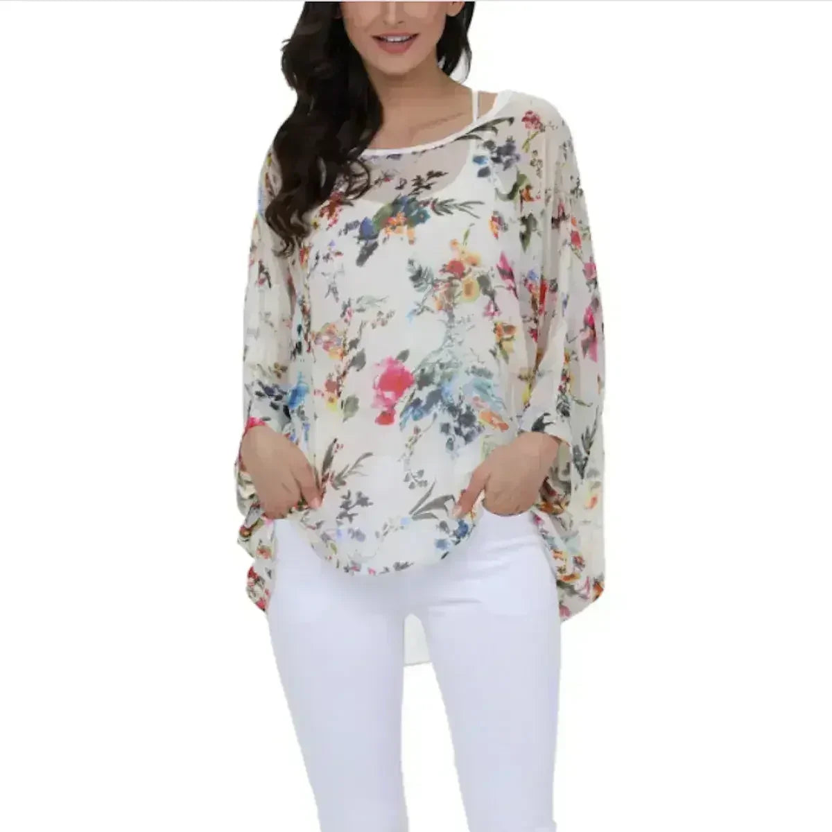 White Floral Chiffon Tunic Top - Summer Cover-Up | Femstylo - Femstylo