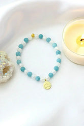 Aquamarine Elastic Bracelet | 24K Lotus Flower Charm - Femstylo