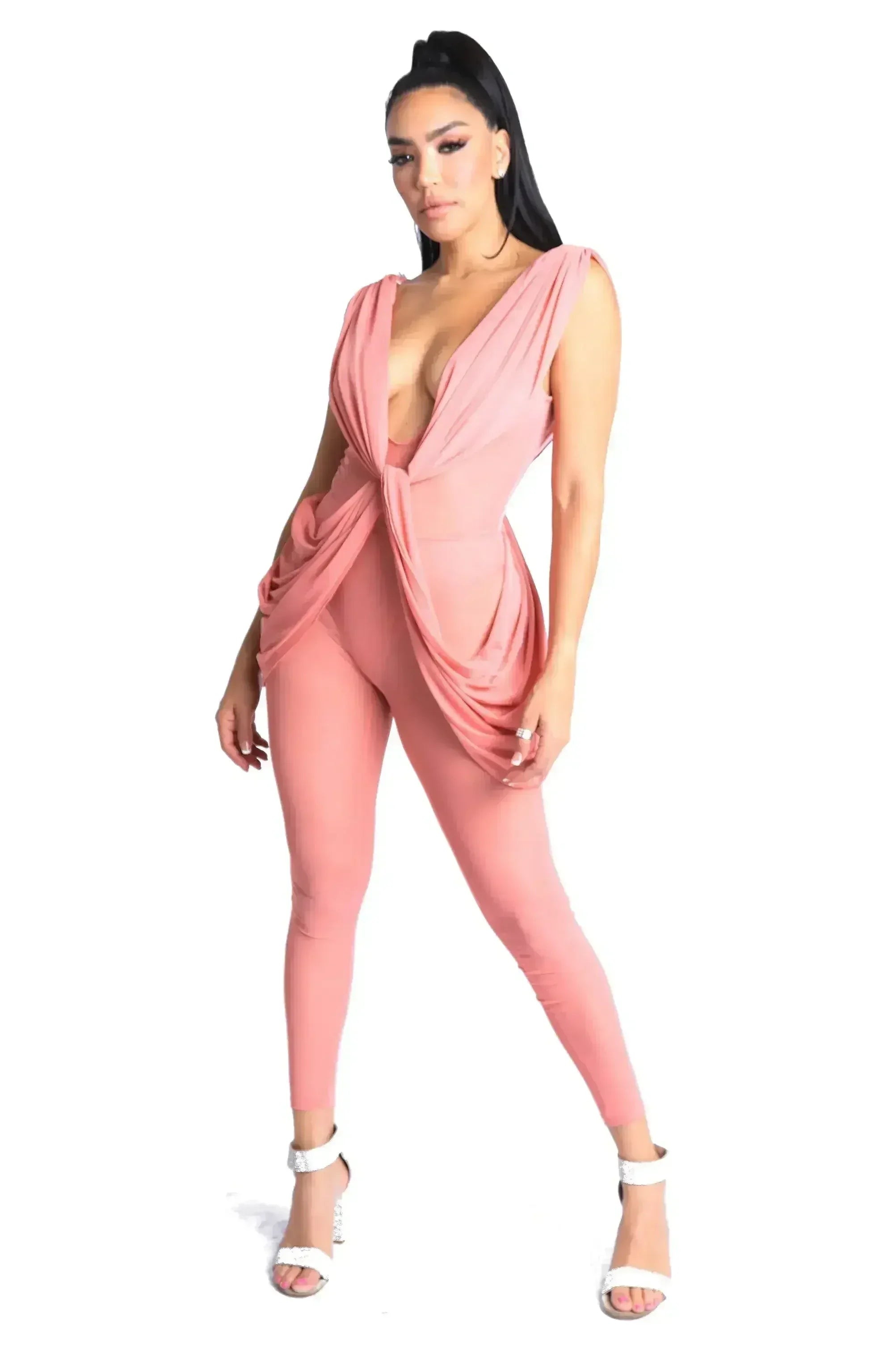 Sexy Sleeveless Lightweight Draped Mesh Jumpsuit Party Clubwear MAUVE - Femstylo