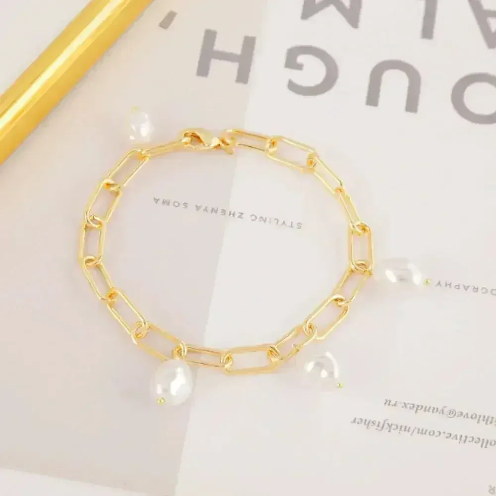Gold Link Bracelet with Faux Pearls – Elegant Women's Jewelry - Femstylo