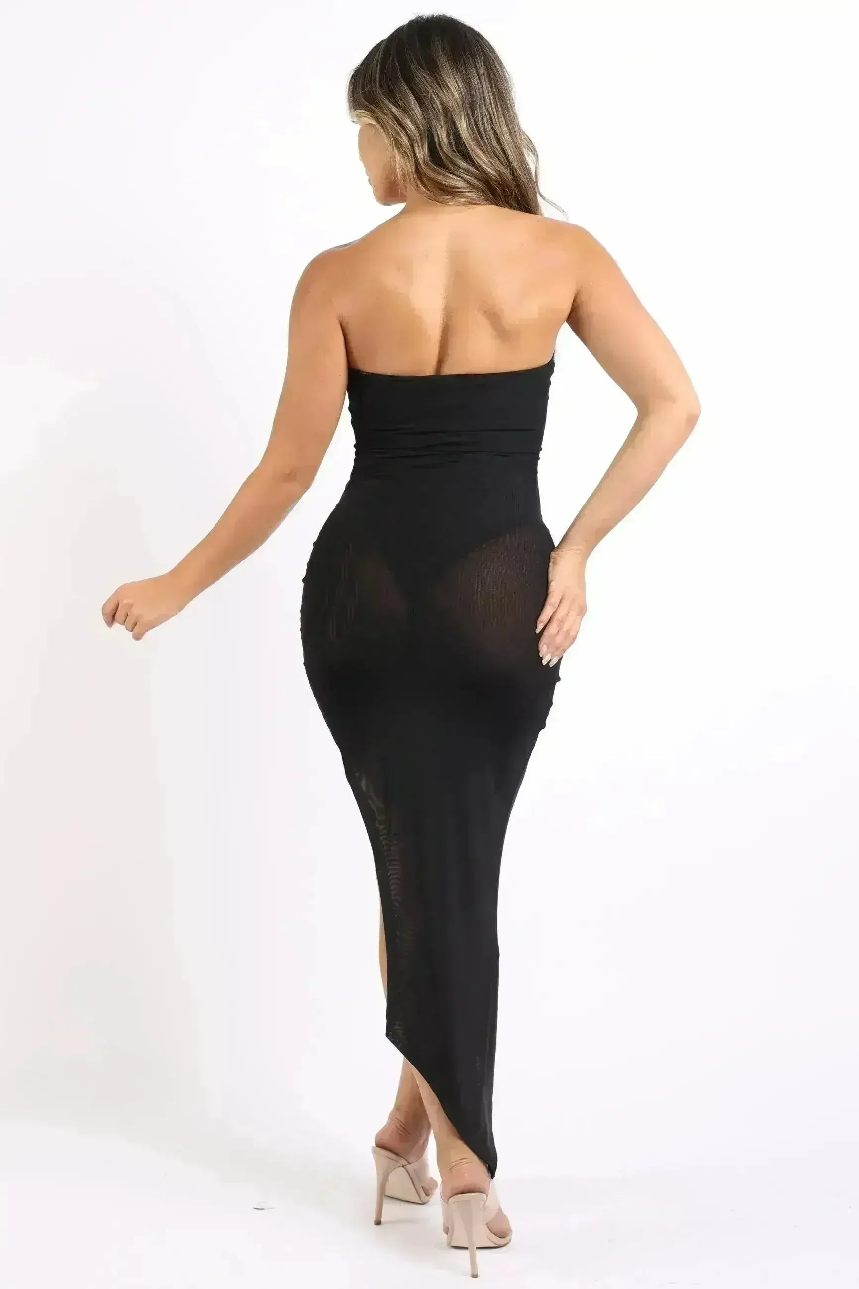 Sexy Off The Shoulder Black Tube Dress Asymmetric With Mesh Contrast - Femstylo
