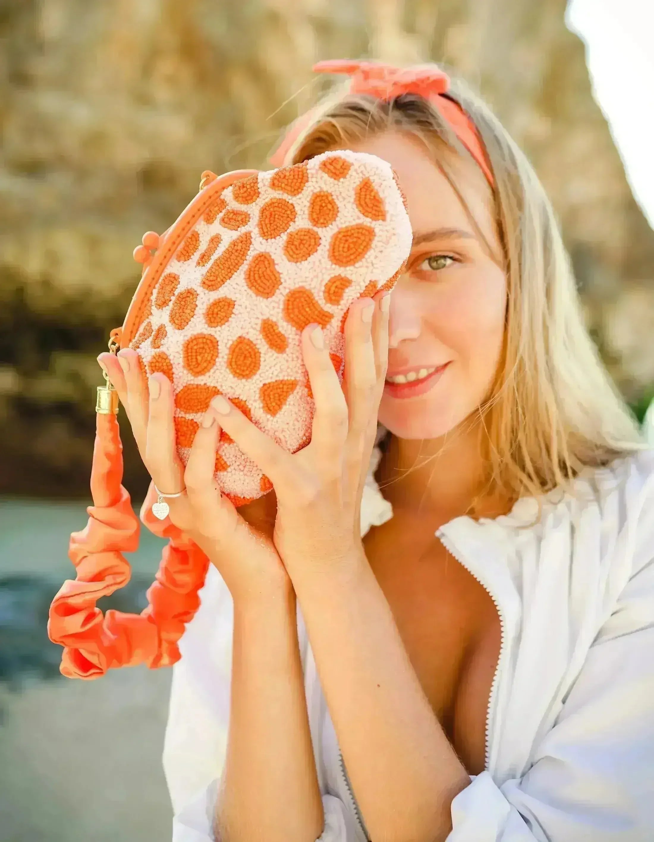 ARNOLDI PEACHPUFF Hand-beaded Clutch, in Papaya & Peach (Pre-order) - Femstylo