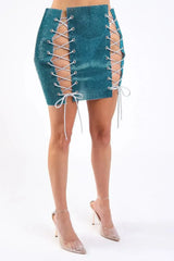 Full Rhinestones 4 Sides Lace Up Party Rave Club Mini Skirt TEAL - Femstylo