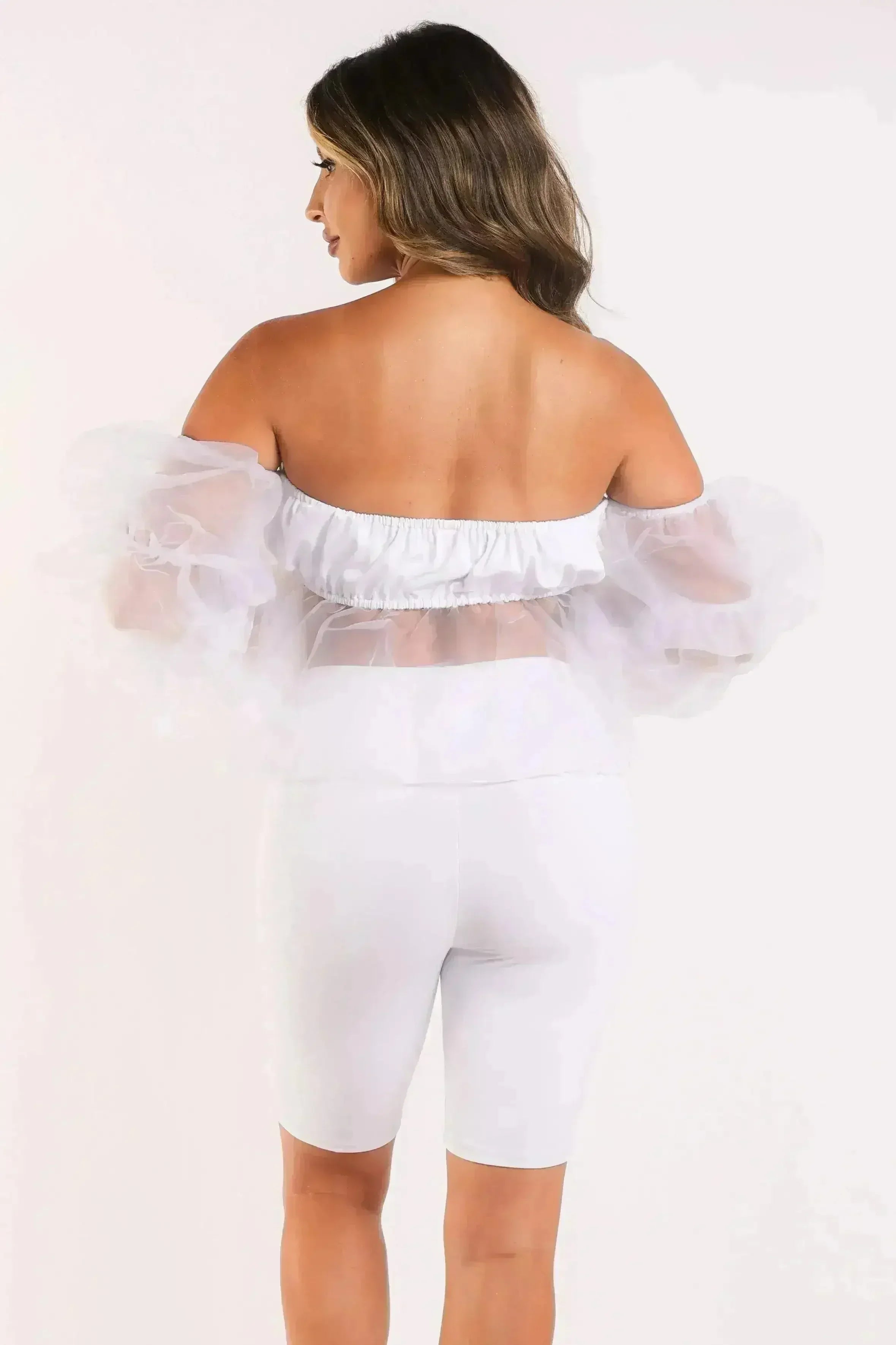 Sexy Organza Sleeve Detailed Top & Matching Shorts 2 Piece Set White - Femstylo
