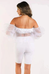 Sexy Organza Sleeve Detailed Top & Matching Shorts 2 Piece Set White - Femstylo