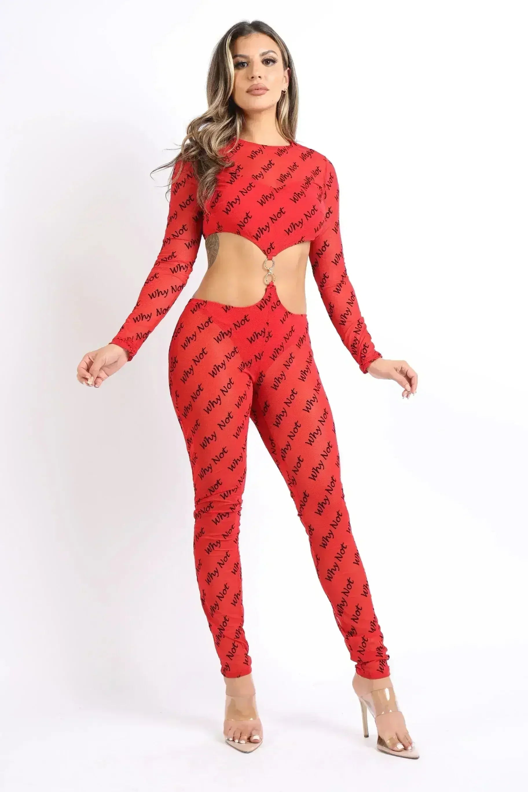 Lettering Printed Cutout Double O-Ring Mesh Sexy Jumpsuit RED - Femstylo