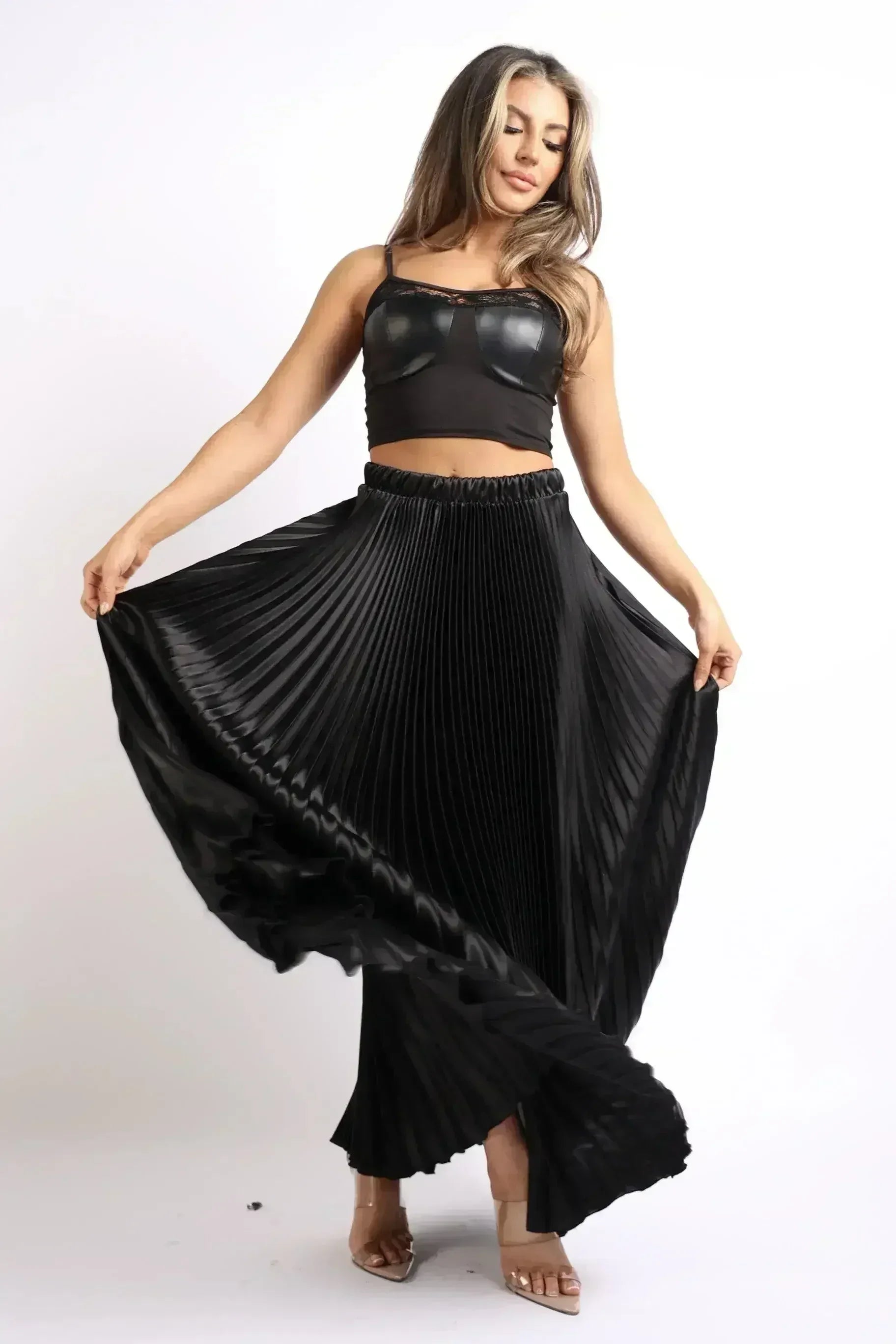 Elastic High Waist A-Line Pleated Satin Maxi Skirt Formal Prom BLACK - Femstylo
