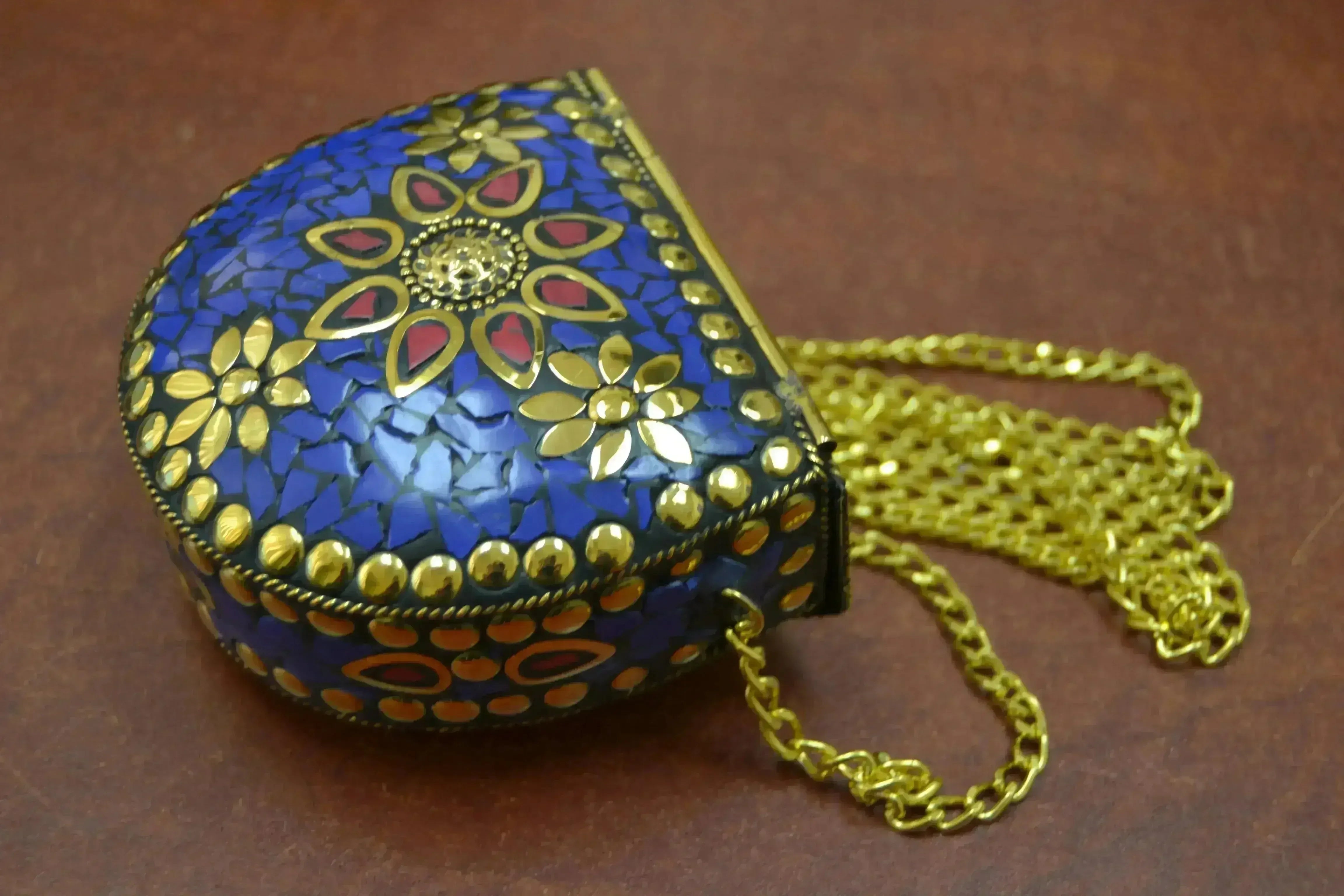 Handmade Blue Shell Clutch Brass Metal Purse - Femstylo